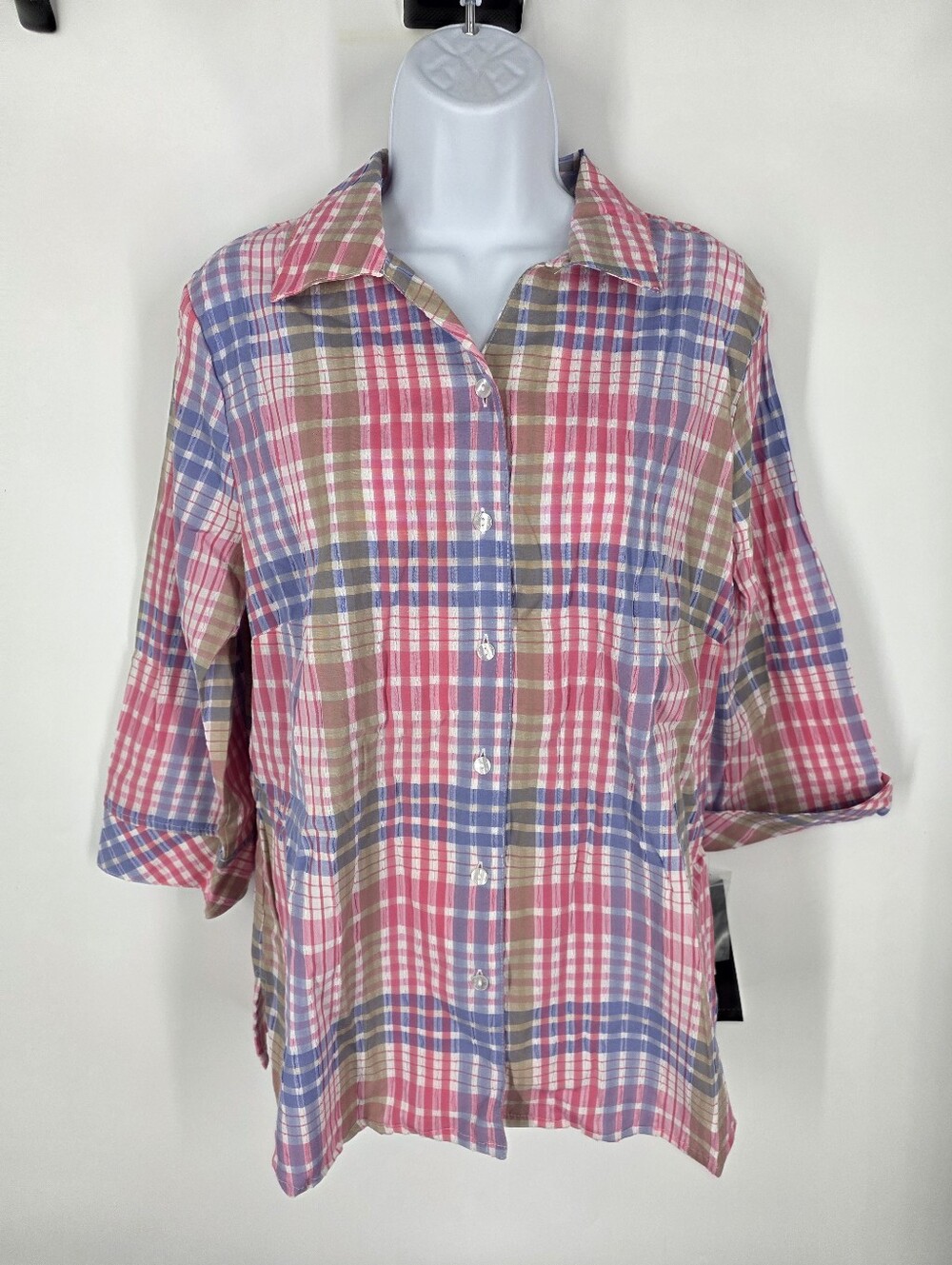 ALIA Plaid Button Down Blouse NWT Size 10 Pink Blue Tan 3/4 Cuffed Sleeve